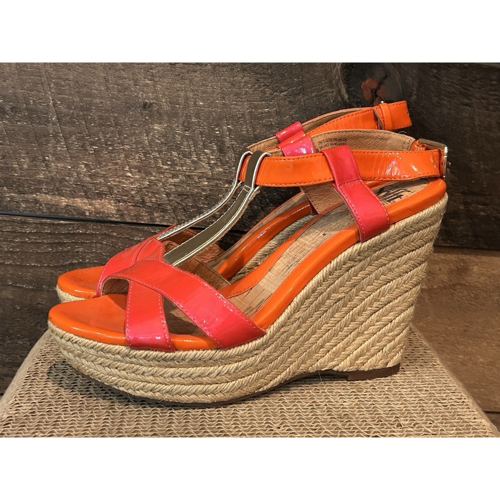 SOFFIT SOFT Pink Orange Gold Patent Leather Jute Heel Wedge Sandals Size 8.5